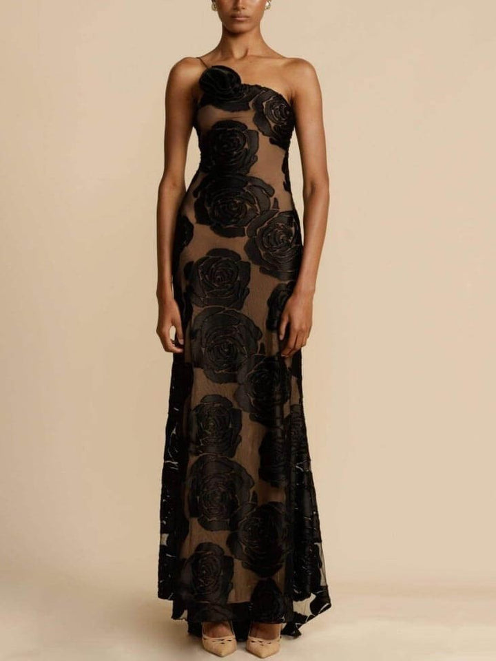 front view of one-shoulder floral lace maxi dress with nude lining