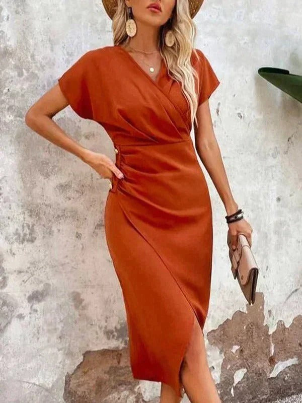 terracotta wrap dress with cap sleeves and ruched high-slit skirt