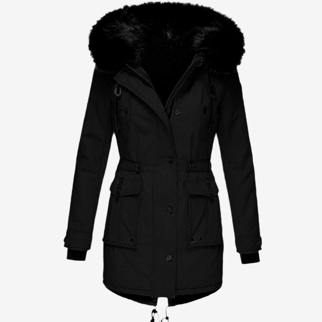 Black fitted parka with faux fur hood and cargo pockets