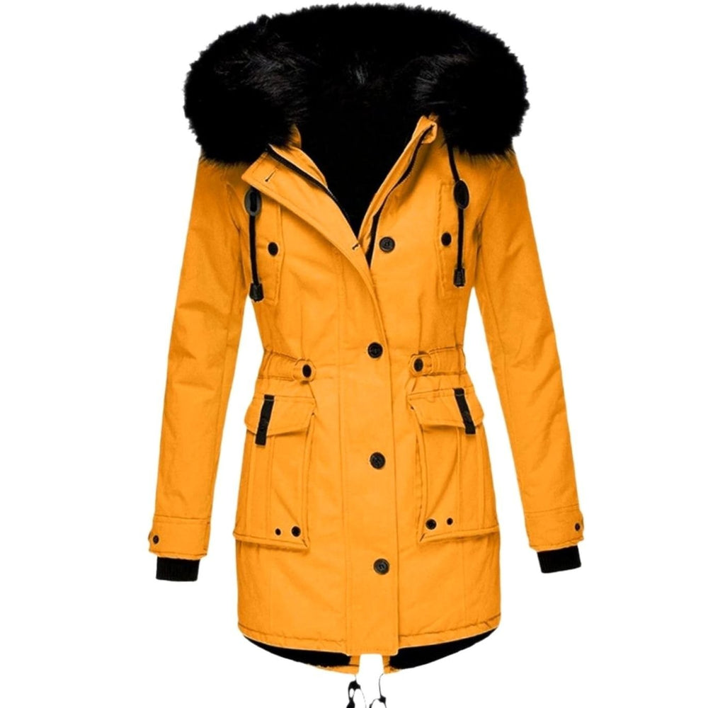 Yellow fitted parka featuring black faux fur trimmed hood