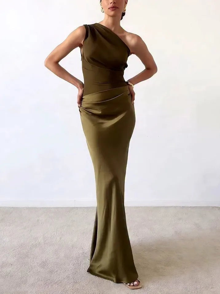 olive green one-shoulder satin gown with fitted bodice and mermaid hem