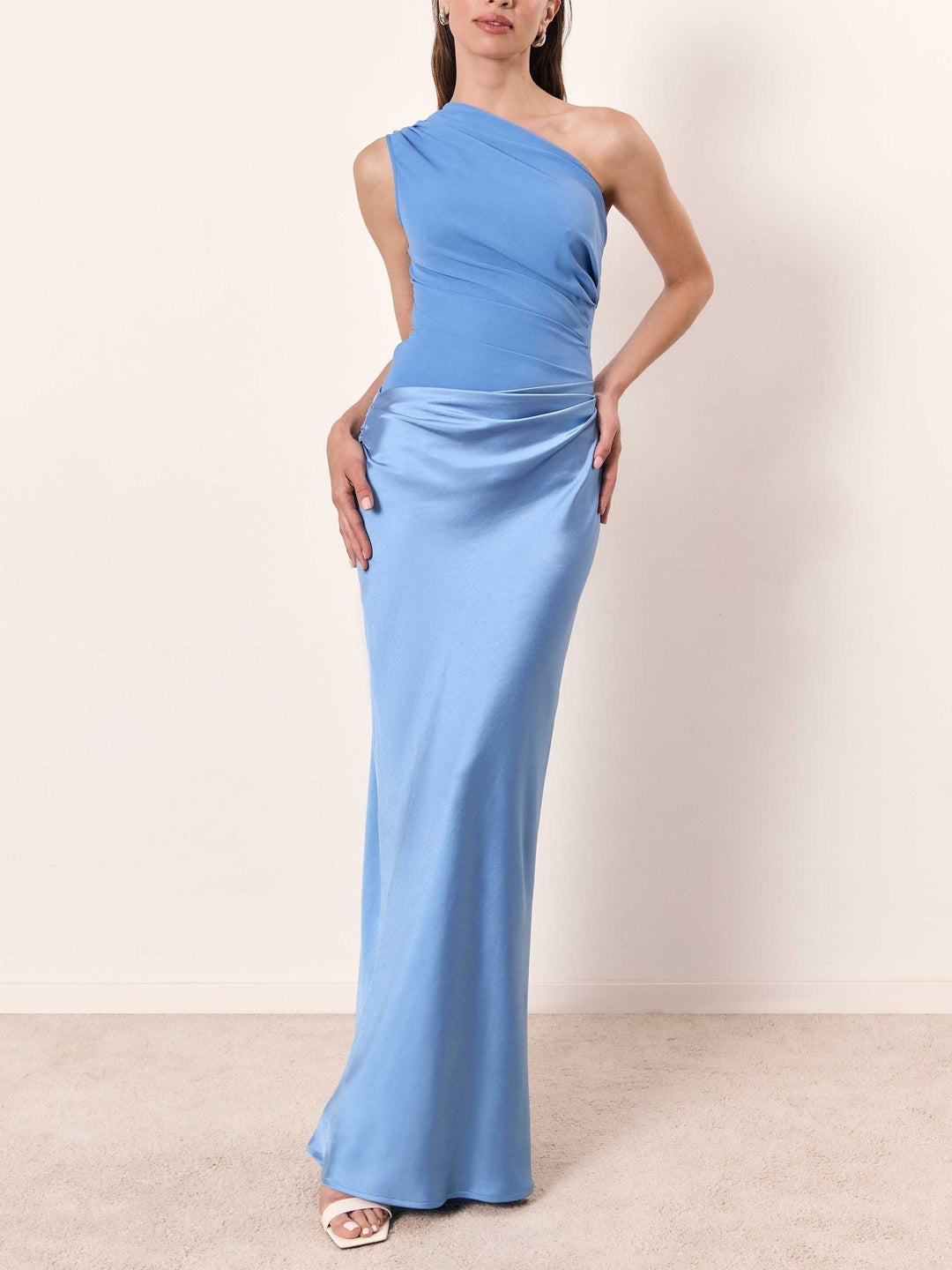sky blue one-shoulder maxi dress featuring draped satin skirt and ruching