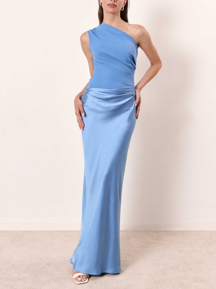 sky blue one-shoulder maxi dress featuring draped satin skirt and ruching