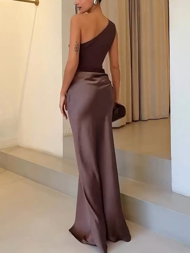front view of brown satin maxi dress with one-shoulder neckline