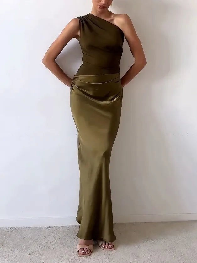 back view of brown one-shoulder gown showing sleek satin skirt