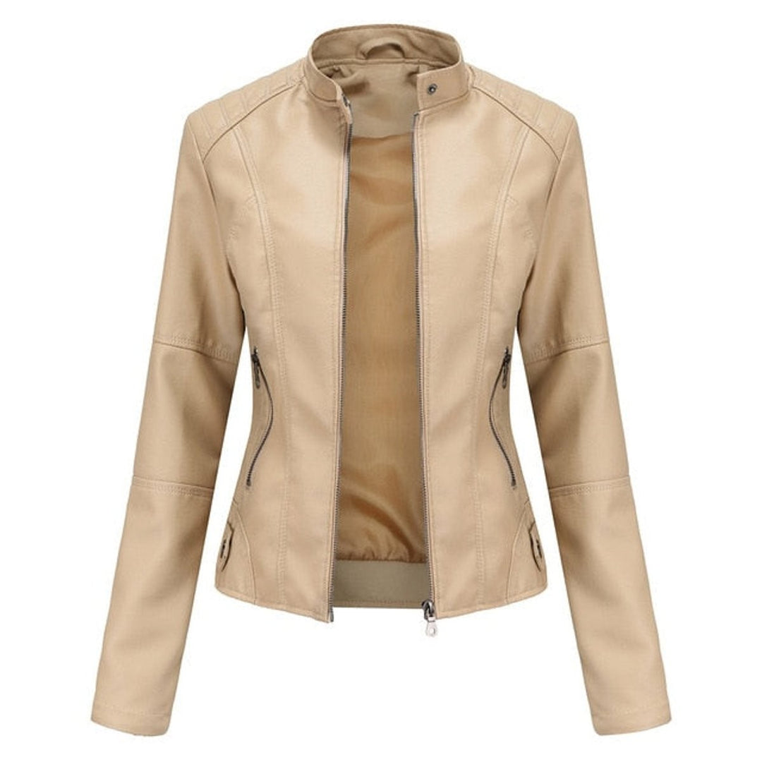Khaki faux leather moto jacket with stand collar and zip pockets