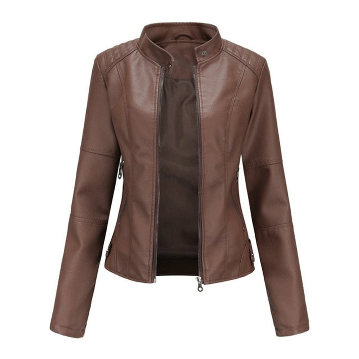 Brown faux leather fitted jacket featuring moto-style zip closure