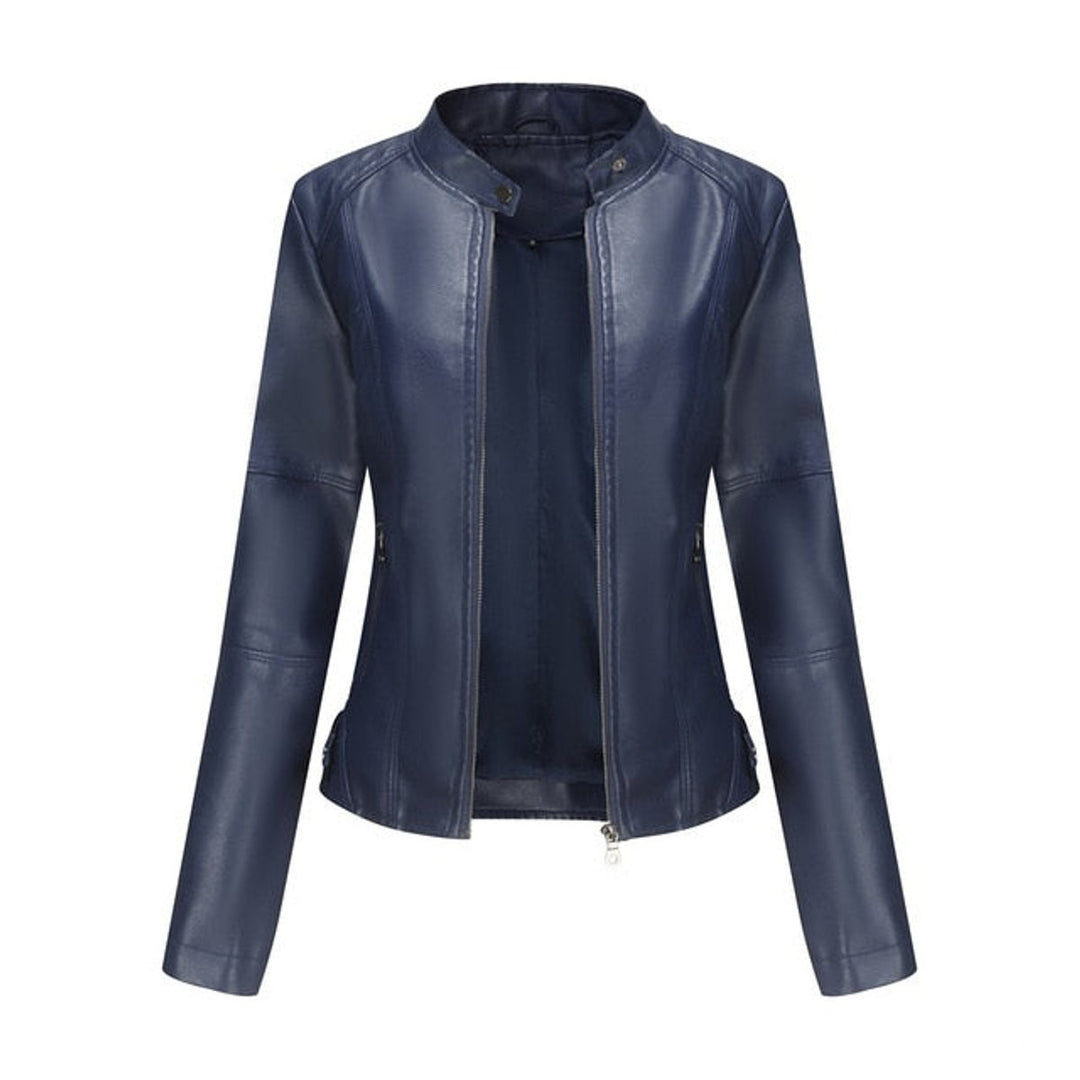 Navy blue faux leather moto jacket with fitted waist design