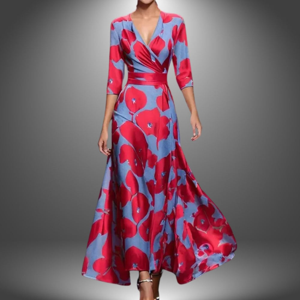 Red floral satin wrap dress with V-neck and flowing maxi skirt