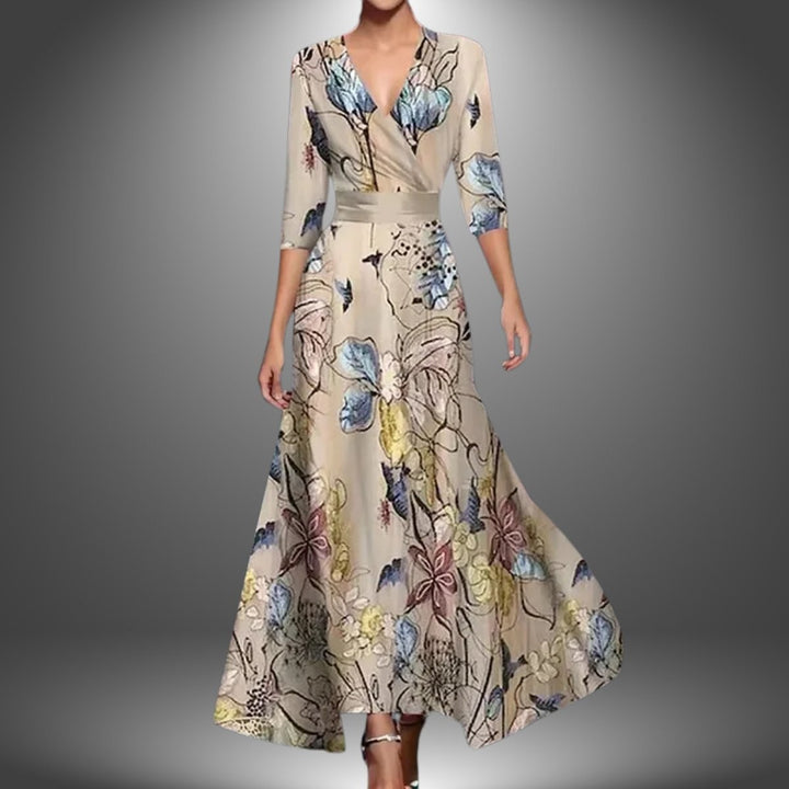 Beige floral print wrap maxi dress with 3/4 sleeves and V-neckline