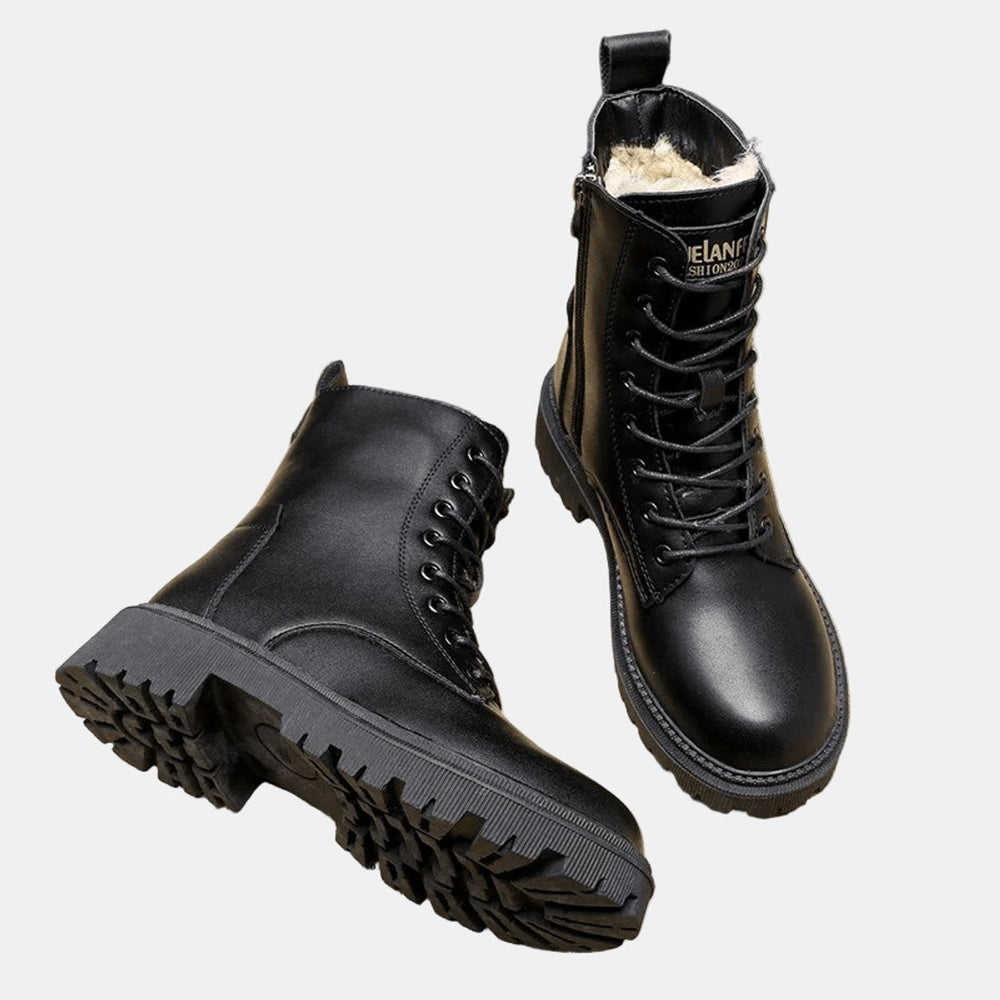 black lace-up combat boots with fleece-lined interior and lug sole