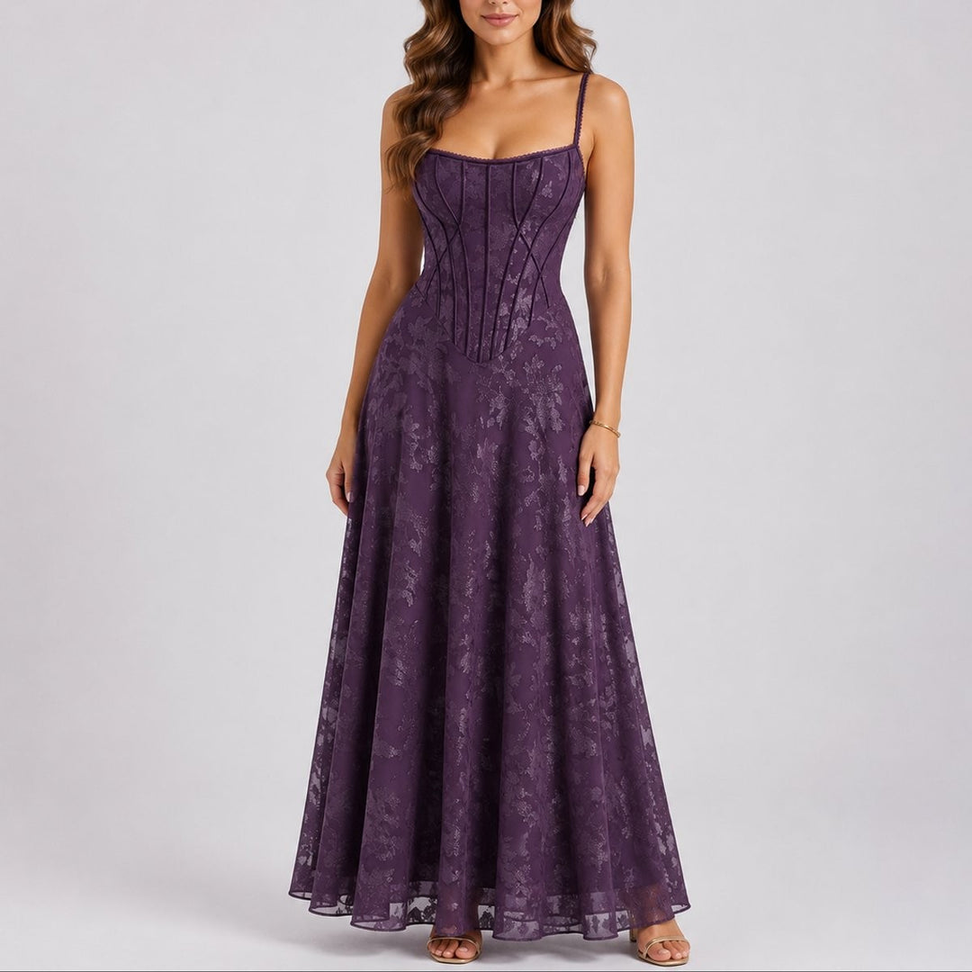 Purple floral corset maxi dress with spaghetti straps and A-line skirt