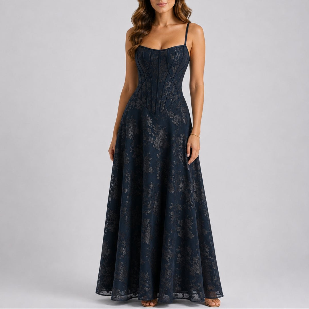 Navy blue corset maxi dress with sweetheart neckline and thin straps