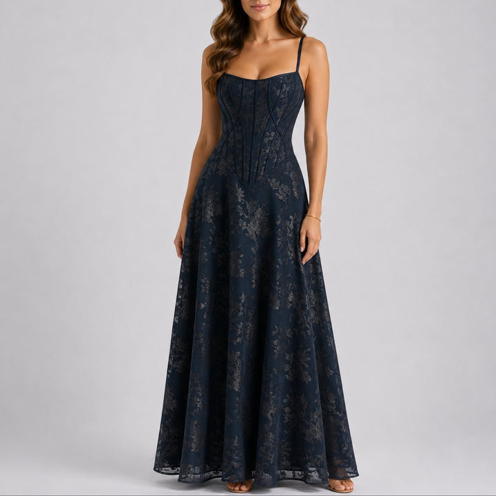Navy blue corset maxi dress with sweetheart neckline and thin straps