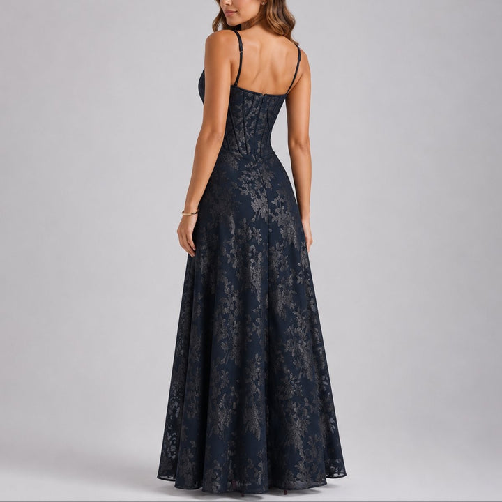 Back view of navy corset maxi dress showing zipper and adjustable straps
