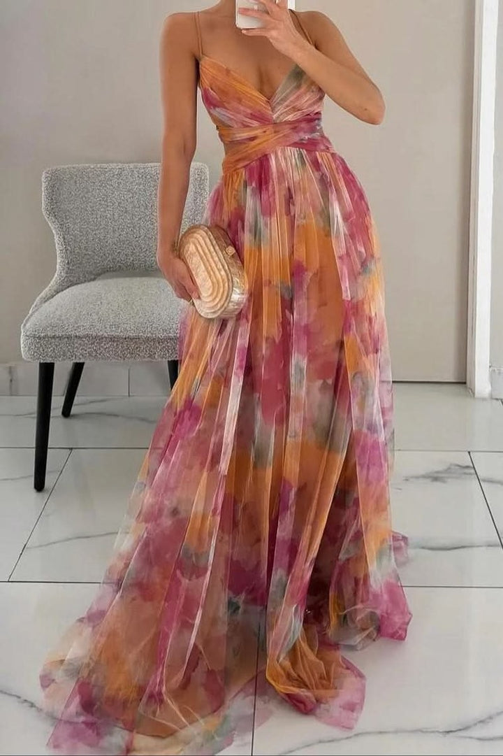 Watercolor floral tulle maxi dress with crisscross waist and thigh-high slit