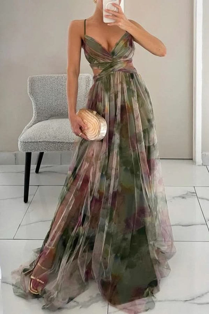 Olive green floral tulle maxi dress with cutout waist and V-neckline