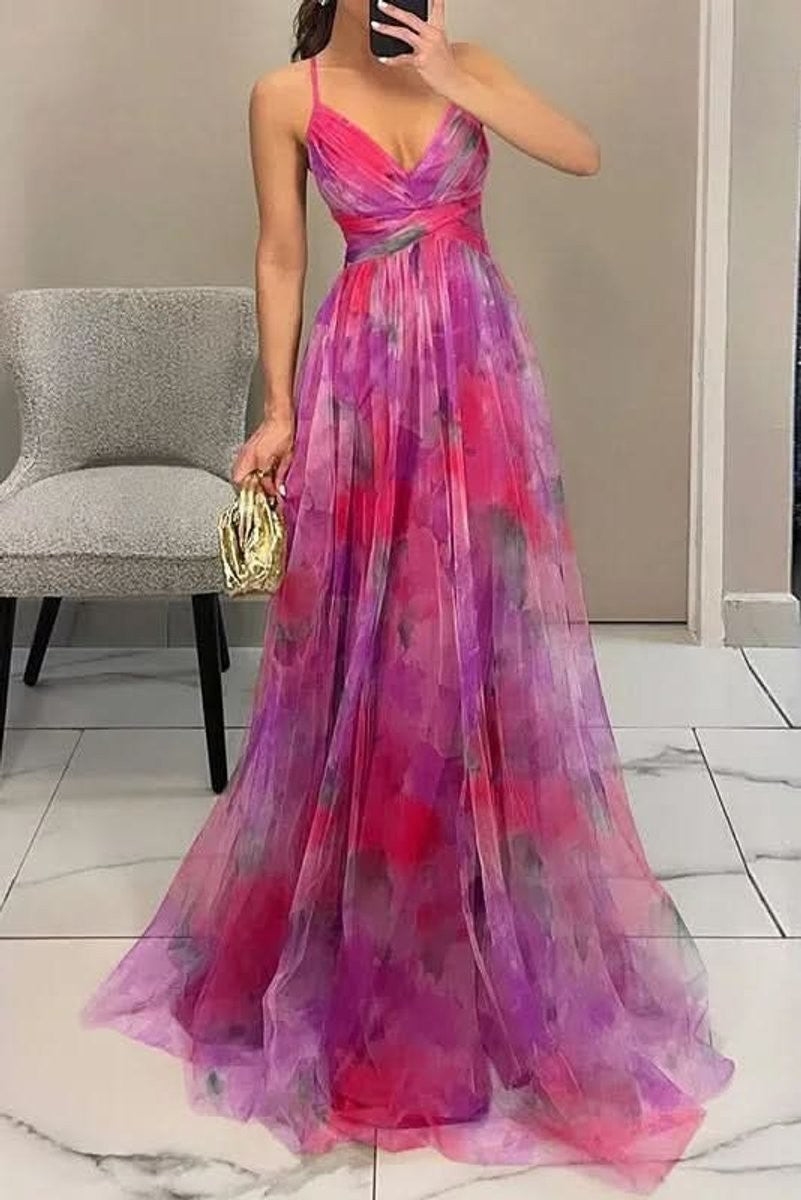 Pink and purple floral tulle evening gown with sweetheart neckline