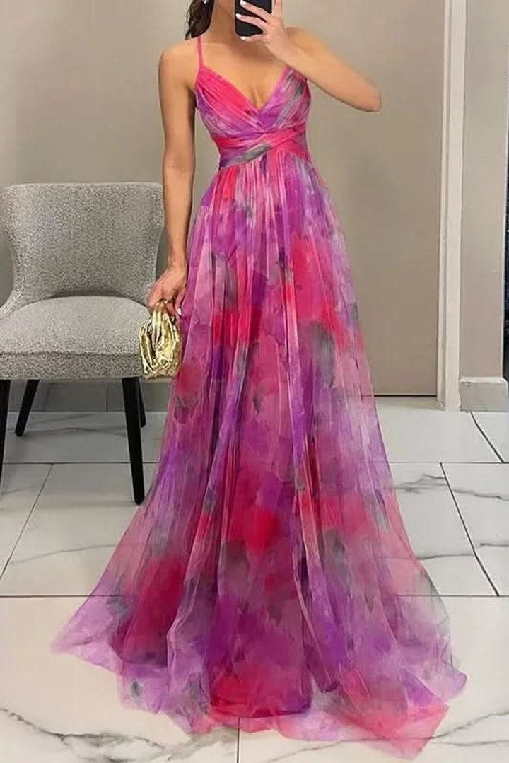 Pink and purple floral tulle evening gown with sweetheart neckline
