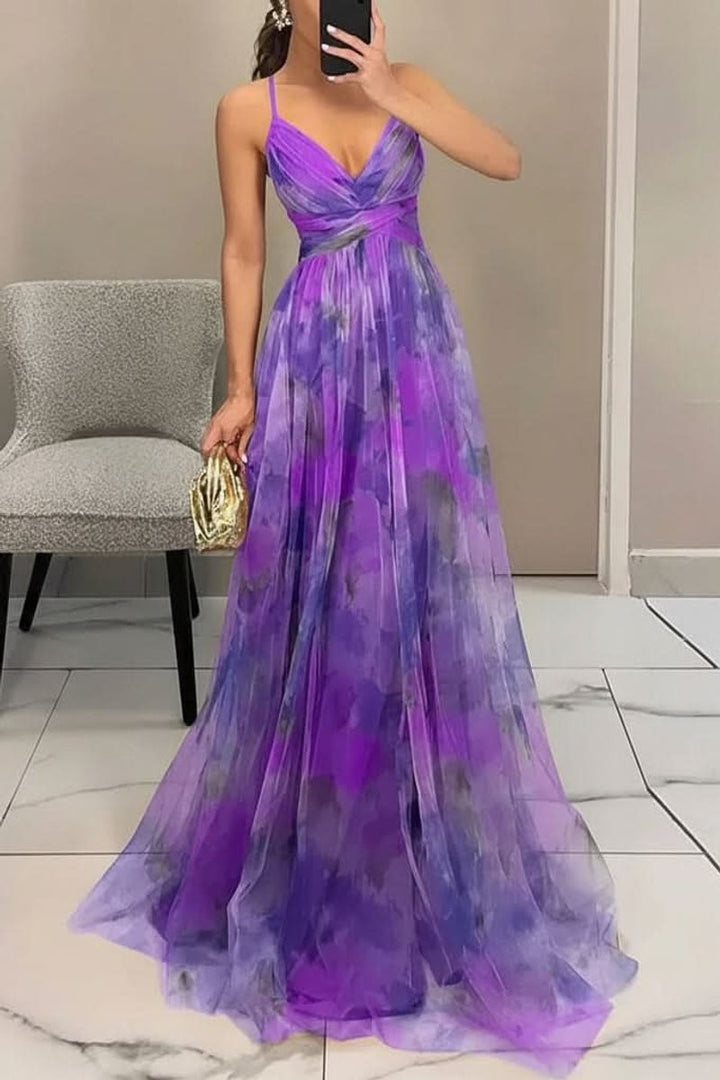 Purple watercolor floral maxi dress with V-neck and spaghetti straps