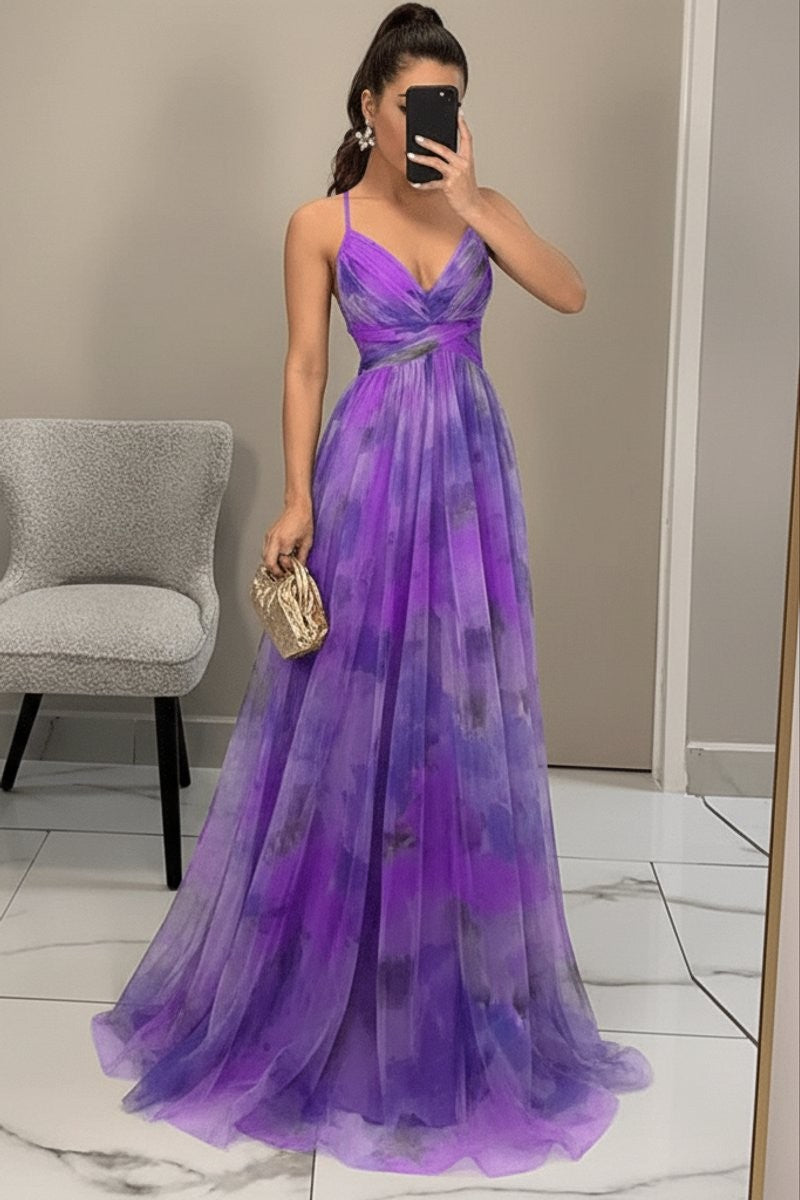 Purple tie-dye tulle A-line gown with crisscross bodice and flowing skirt