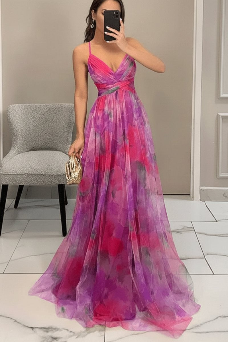 Fuchsia and purple floral print maxi dress with V-neckline and thin straps