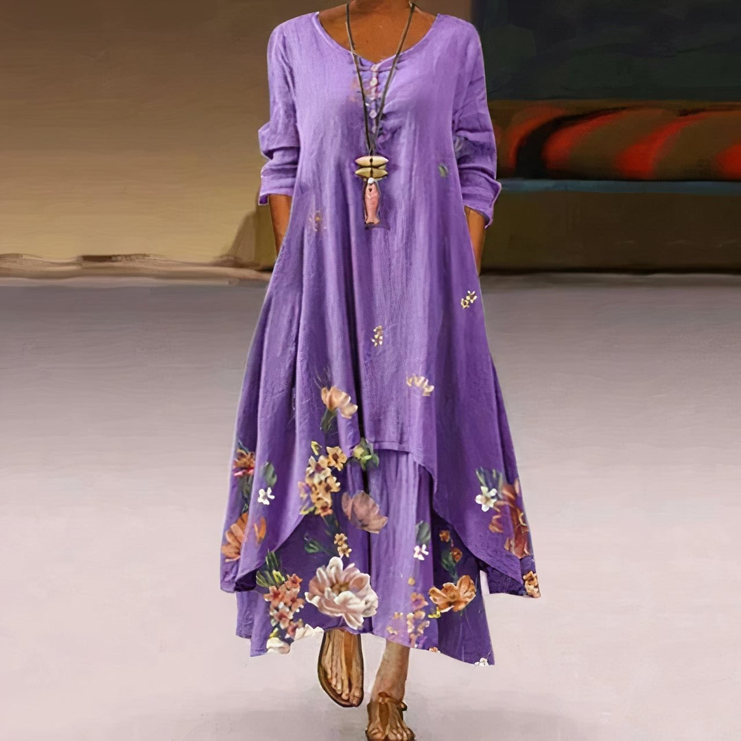 purple layered maxi dress featuring floral bottom print