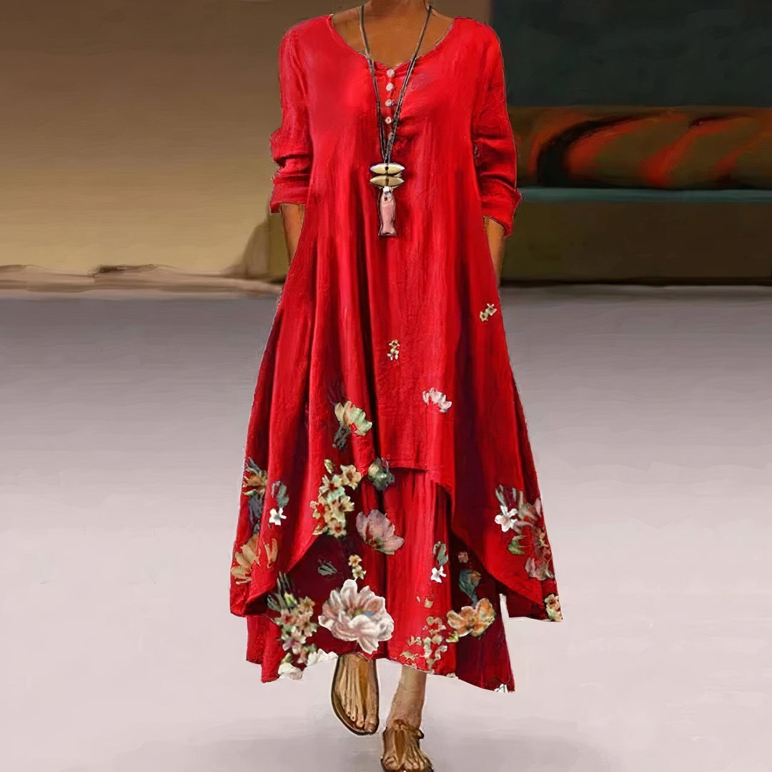 red boho maxi dress with floral hem detail and long sleeves