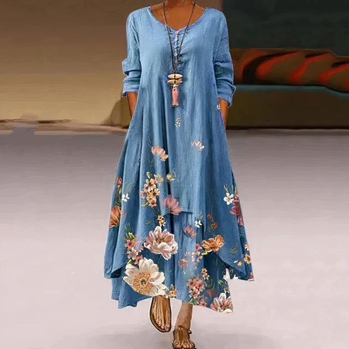 blue long sleeve maxi dress with floral print hem
