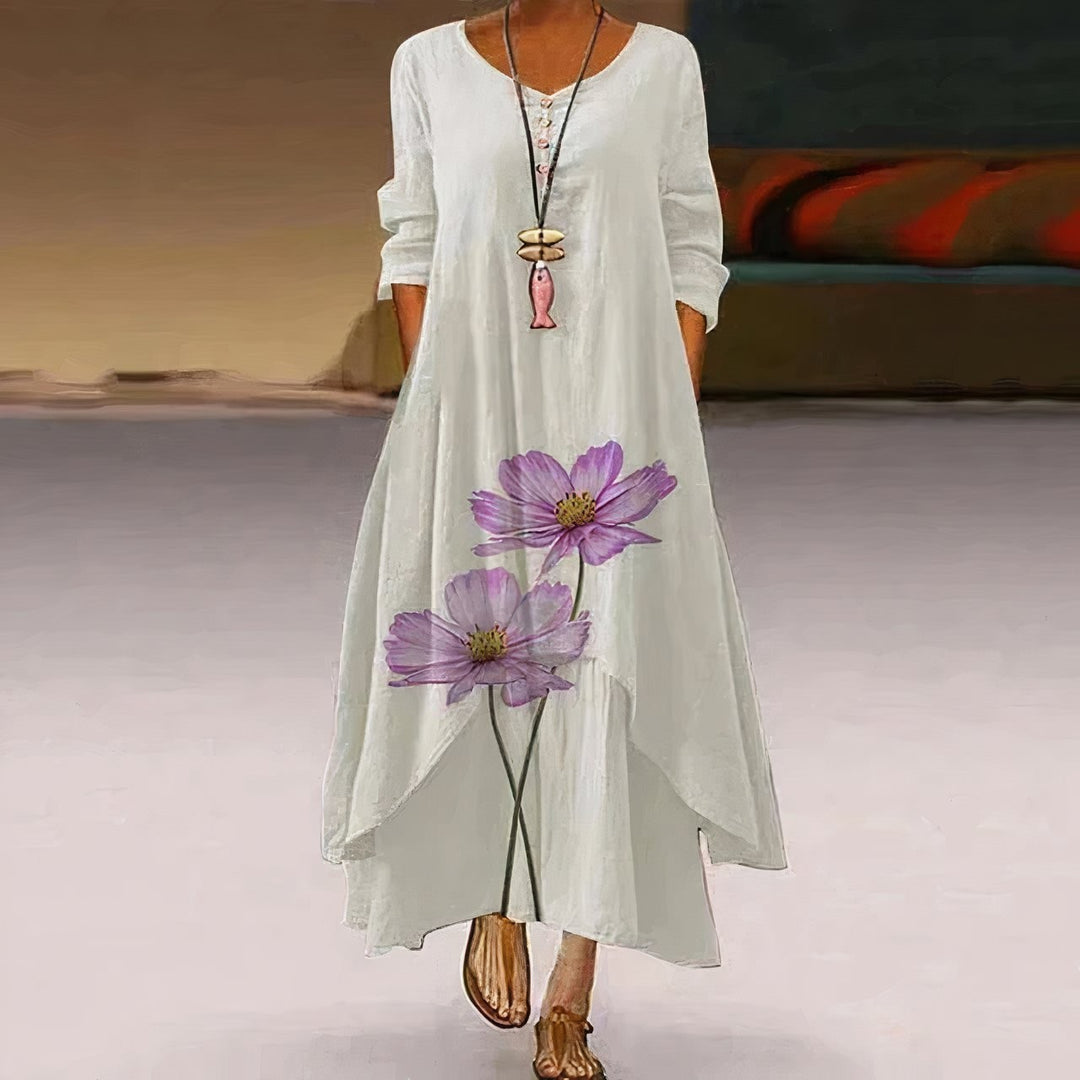 white long sleeve maxi dress with purple floral accent print