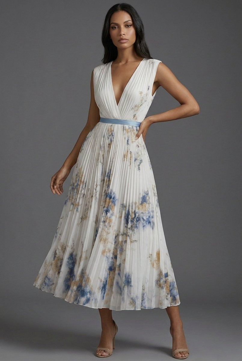 White floral pleated midi dress with plunging V-neck and blue waist tie