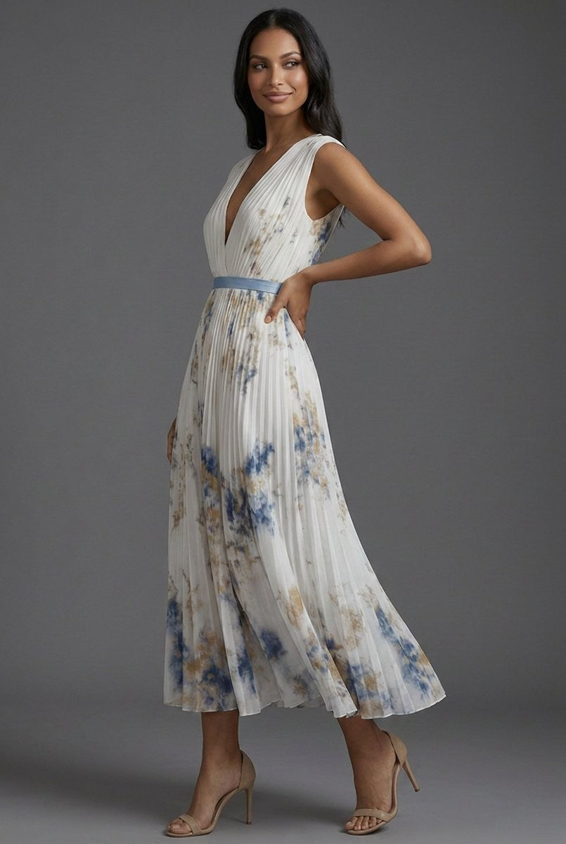 Side view of ivory pleated midi dress with watercolor floral print