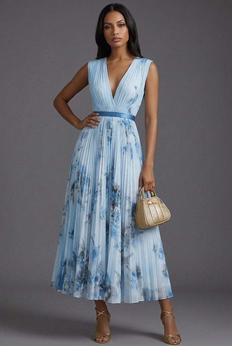 Light blue floral pleated midi dress with satin waistband and V-neck