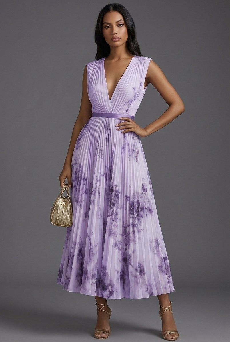 Lavender pleated midi dress with plunging neckline and floral print
