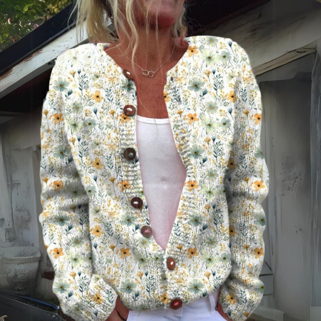 Ivory floral print knit cardigan with wooden button closures