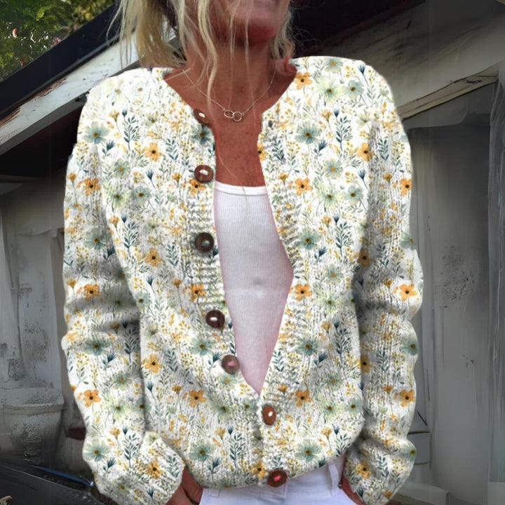 Ivory floral print knit cardigan with wooden button closures