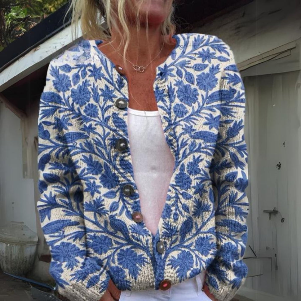 Blue floral jacquard knit cardigan with round wood buttons