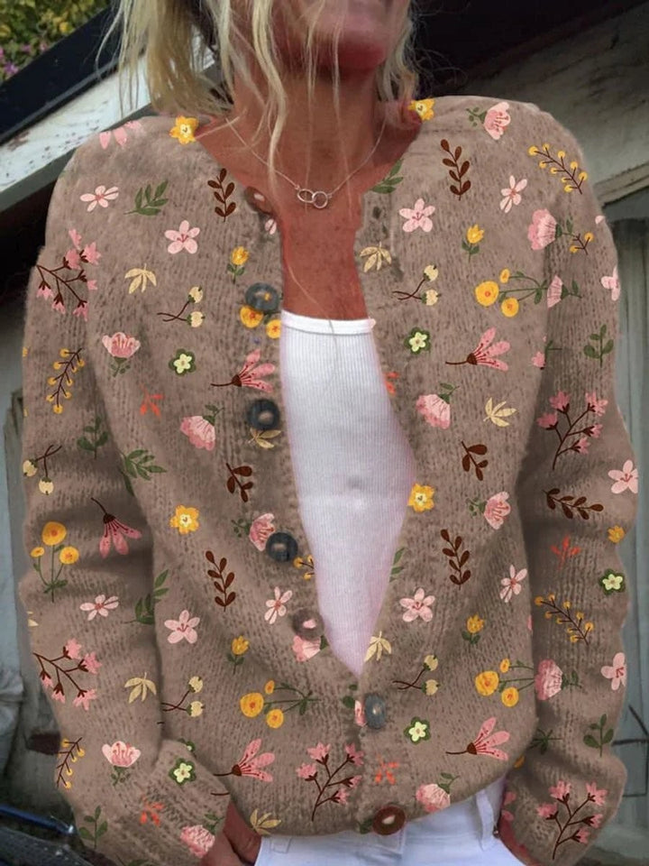 Taupe floral print knit cardigan with long sleeves and buttons