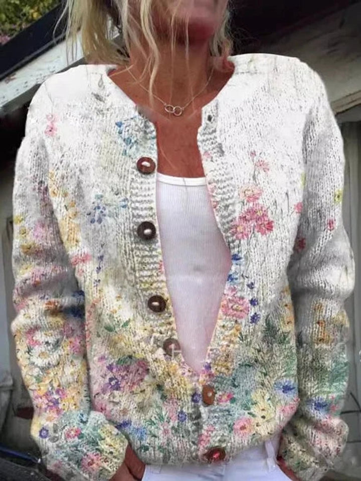 Multicolor wildflower print knit cardigan with button-up front