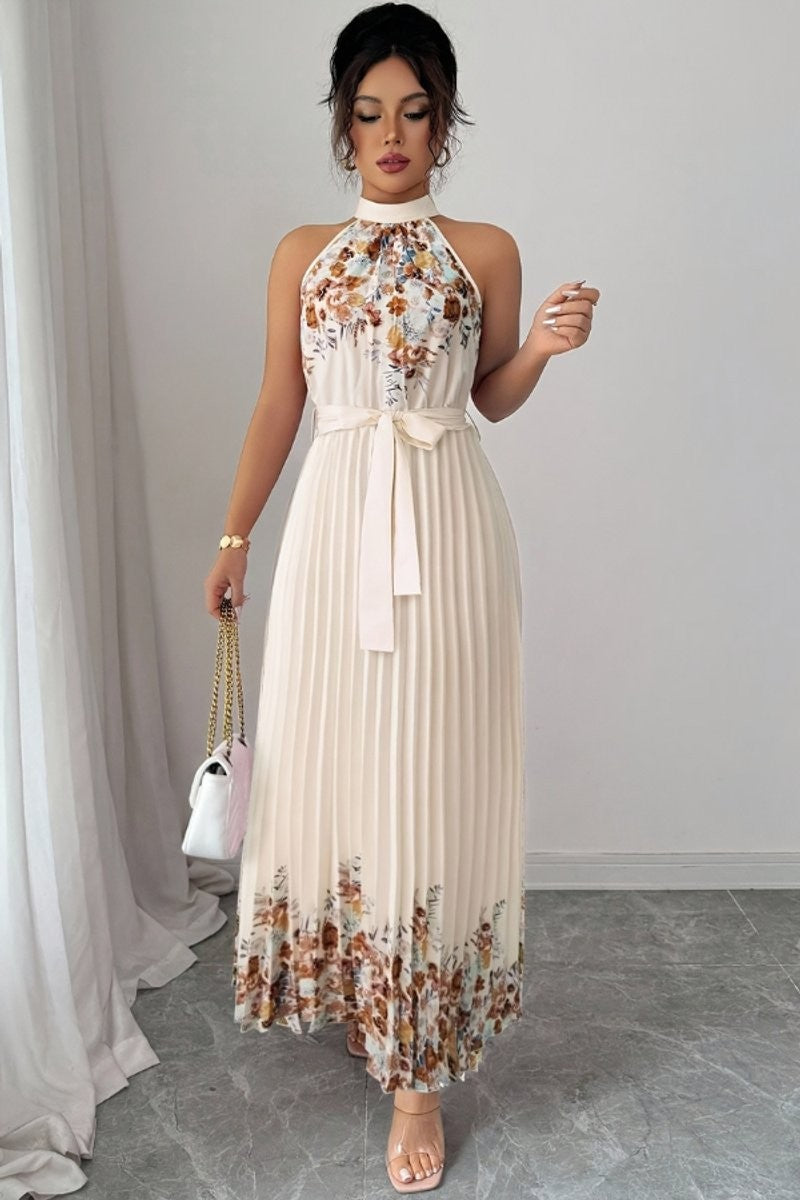 Ivory floral pleated halter dress with tie belt and maxi silhouette