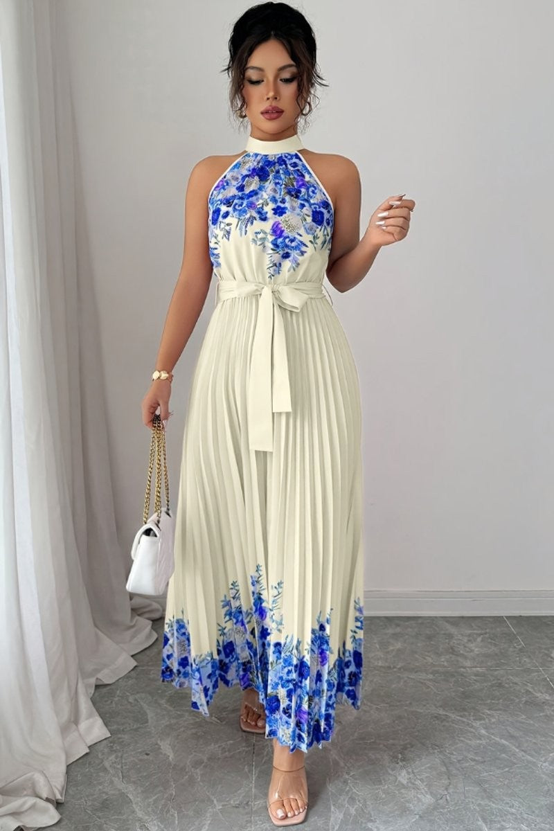 Cream and blue floral halter maxi dress with pleated skirt and belt