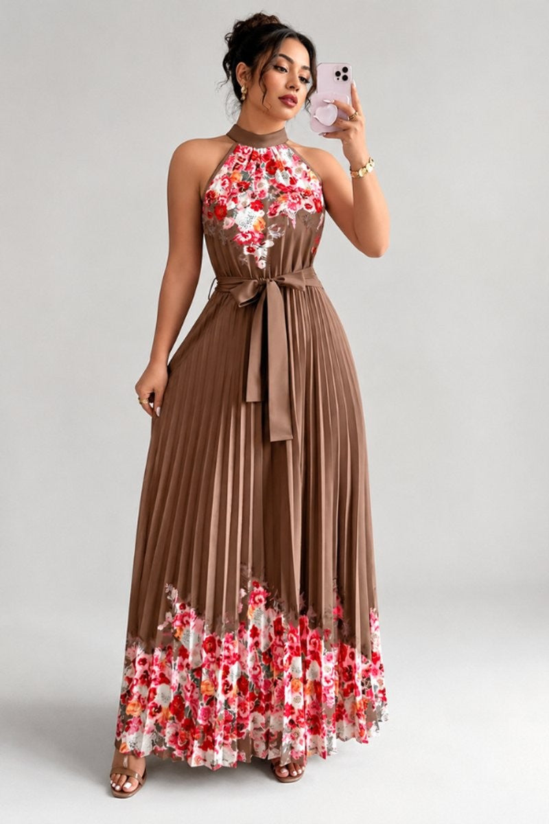 Mocha brown floral pleated halter maxi dress with sash belt