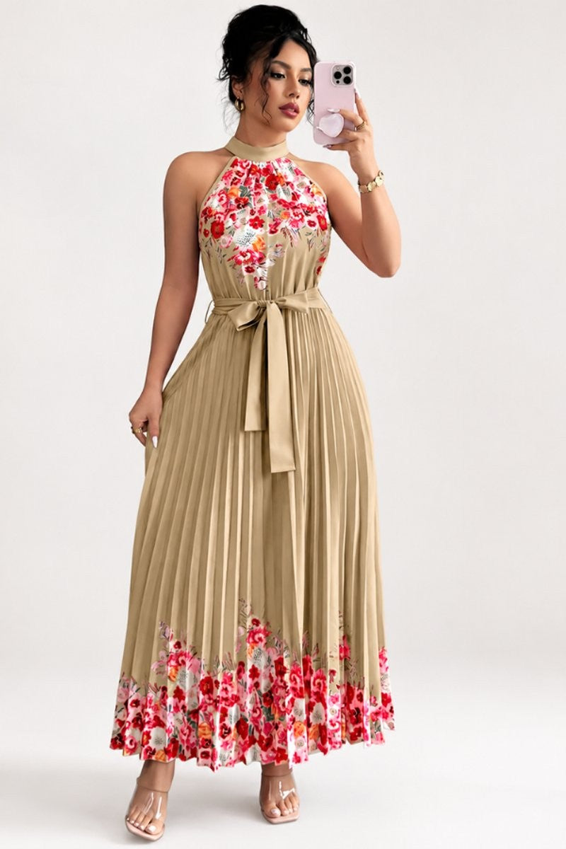 Beige floral pleated halter maxi dress with belted waist