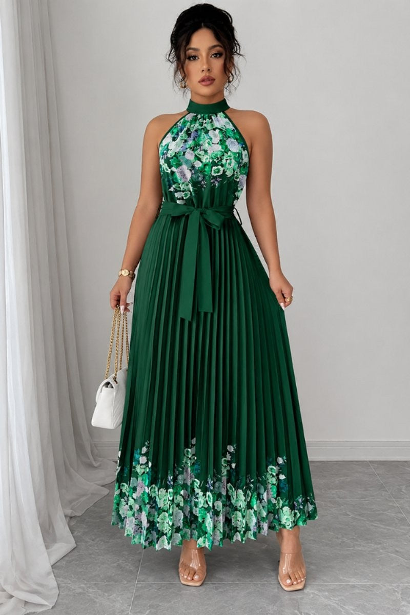 Emerald green floral pleated halter dress with tie belt