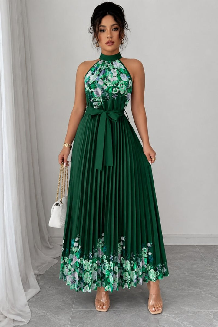 Emerald green floral pleated halter dress with tie belt