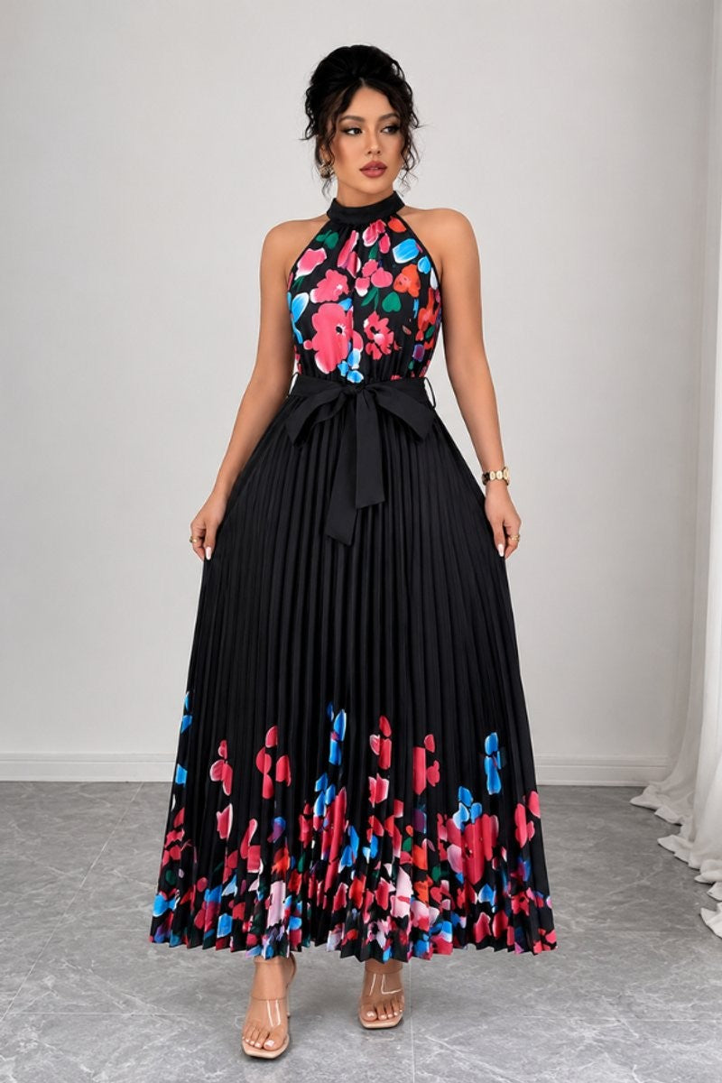 Black floral pleated halter maxi dress with colorful print and belt