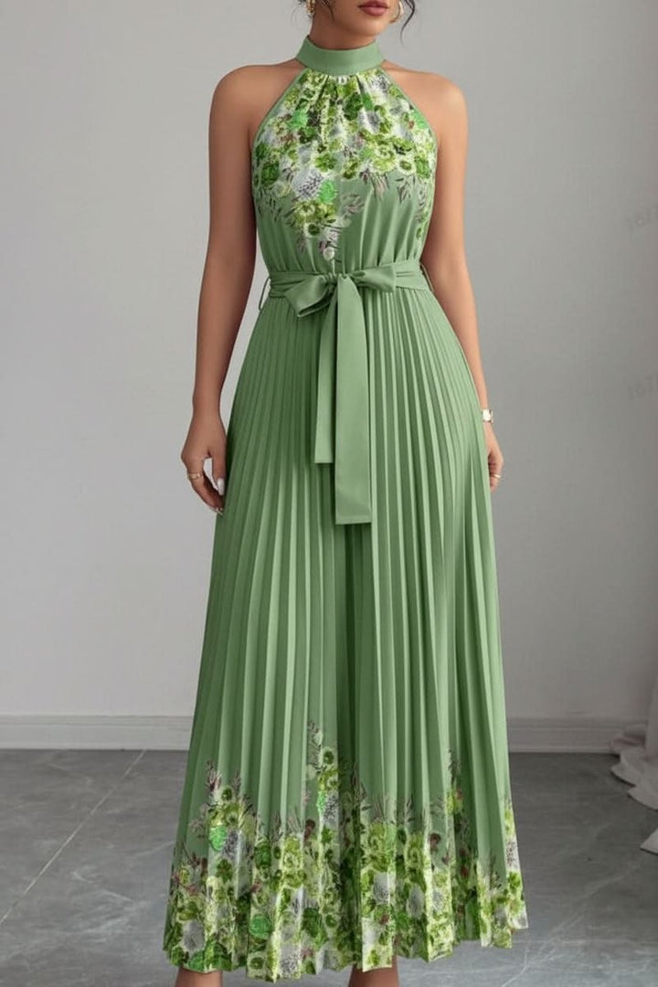 Sage green floral halter dress with pleated maxi skirt and sash belt