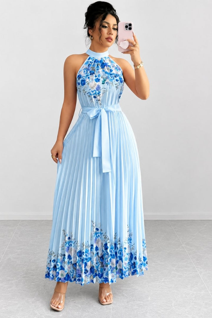 Sky blue floral pleated halter dress with matching sash belt
