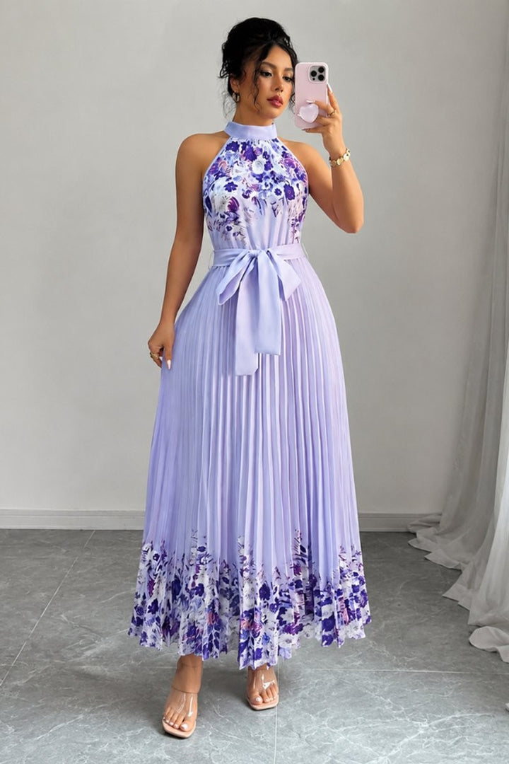 Lavender floral pleated maxi dress with halter neckline and belt