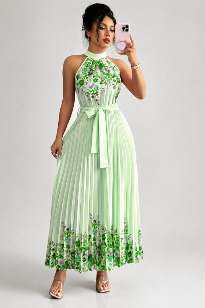 Mint green floral halter dress with pleated maxi skirt and sash